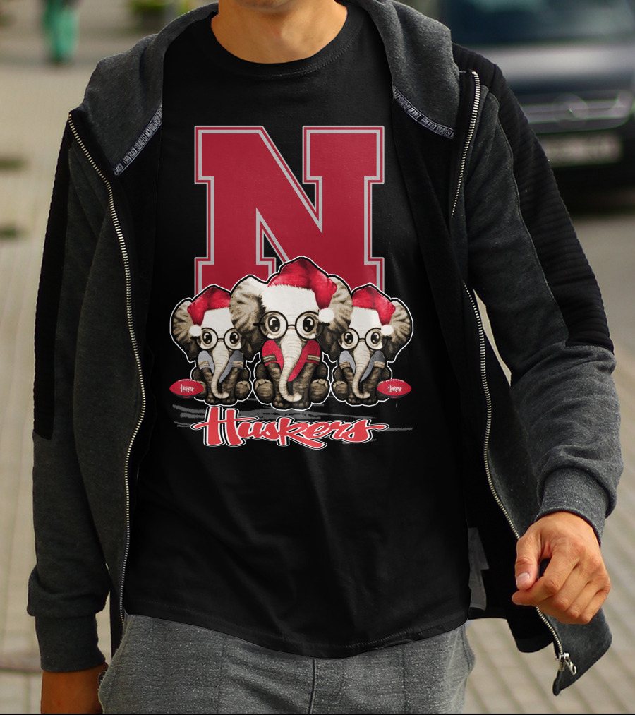 Elephan Xmas Nebraska Huskers Santa Hat Trio T-Shirt