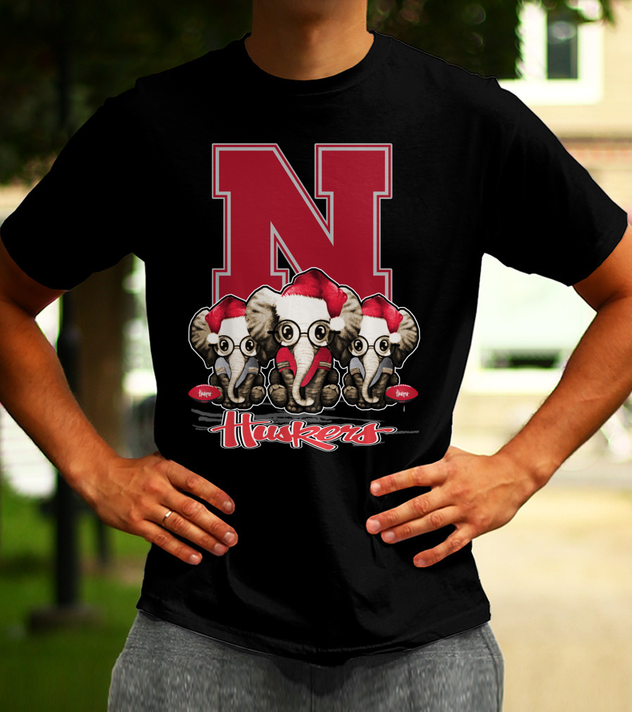 Elephan Xmas Nebraska Huskers Santa Hat Trio T-Shirt