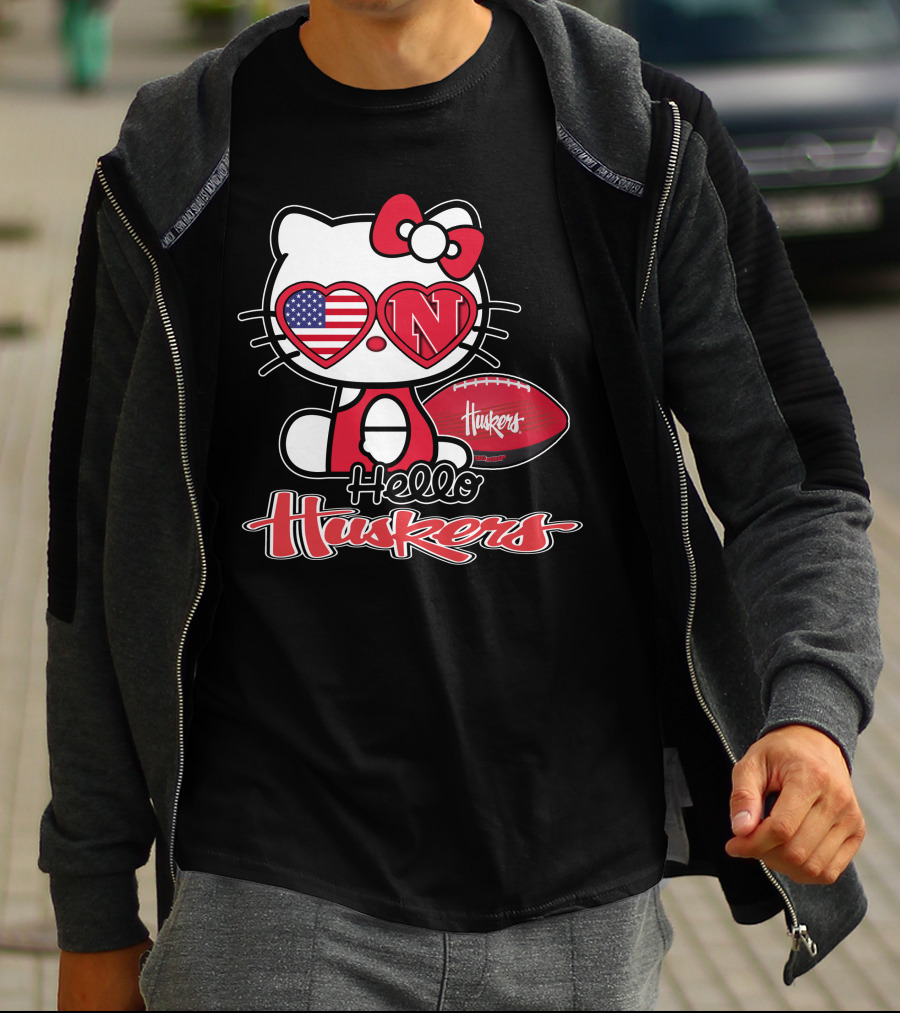 Hello Kitty Huskers Nebraska Football Heart Flag T-Shirt
