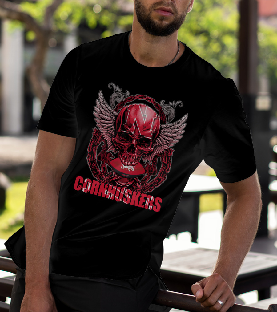 Nebraska Cornhuskers Winged Skull With Chain And Football Helmet Decor T-Shirt