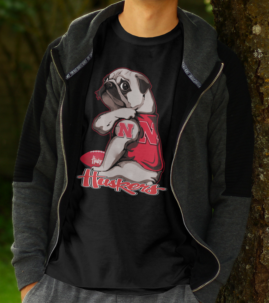 Pug Wearing Nebraska Cornhuskers Shirt And Football Huskers T-Shirt