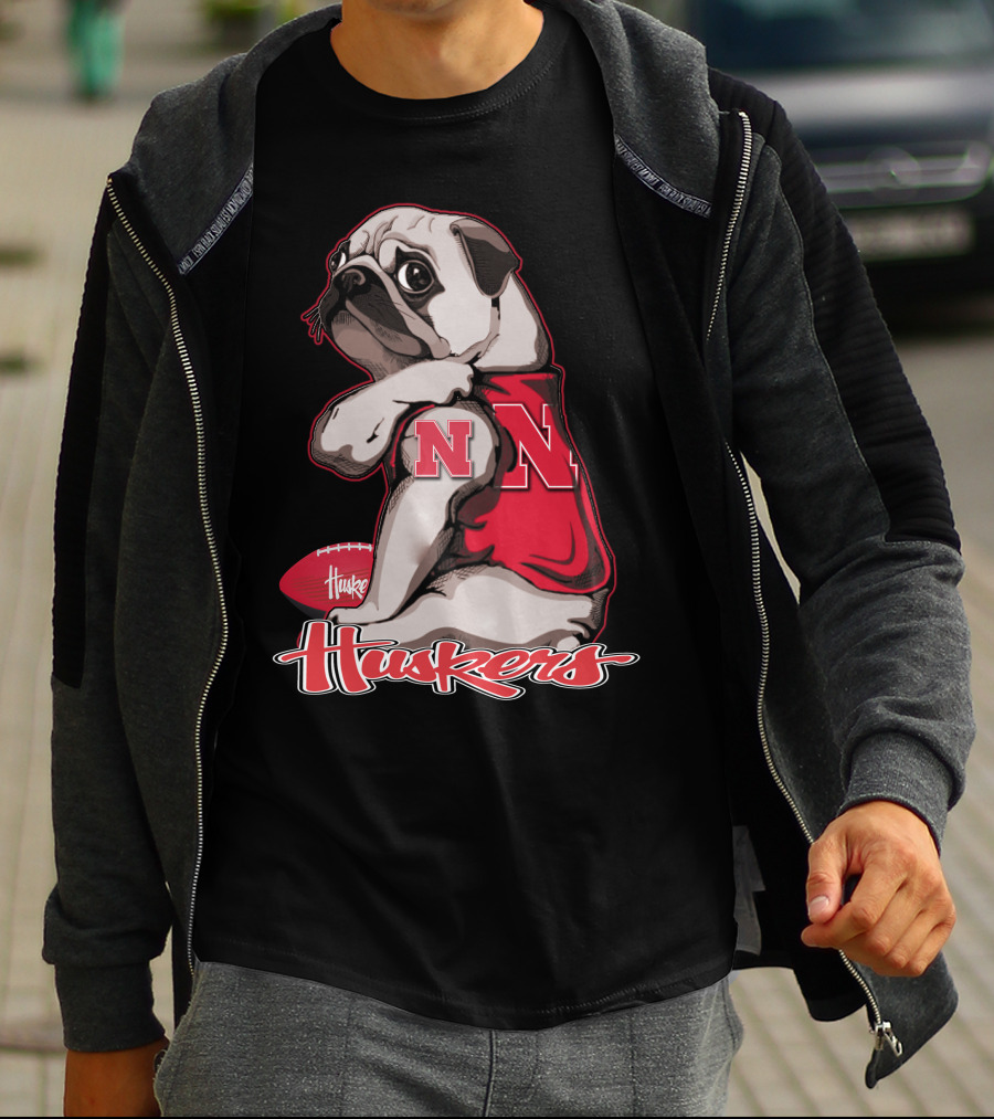 Pug Wearing Nebraska Cornhuskers Shirt And Football Huskers T-Shirt