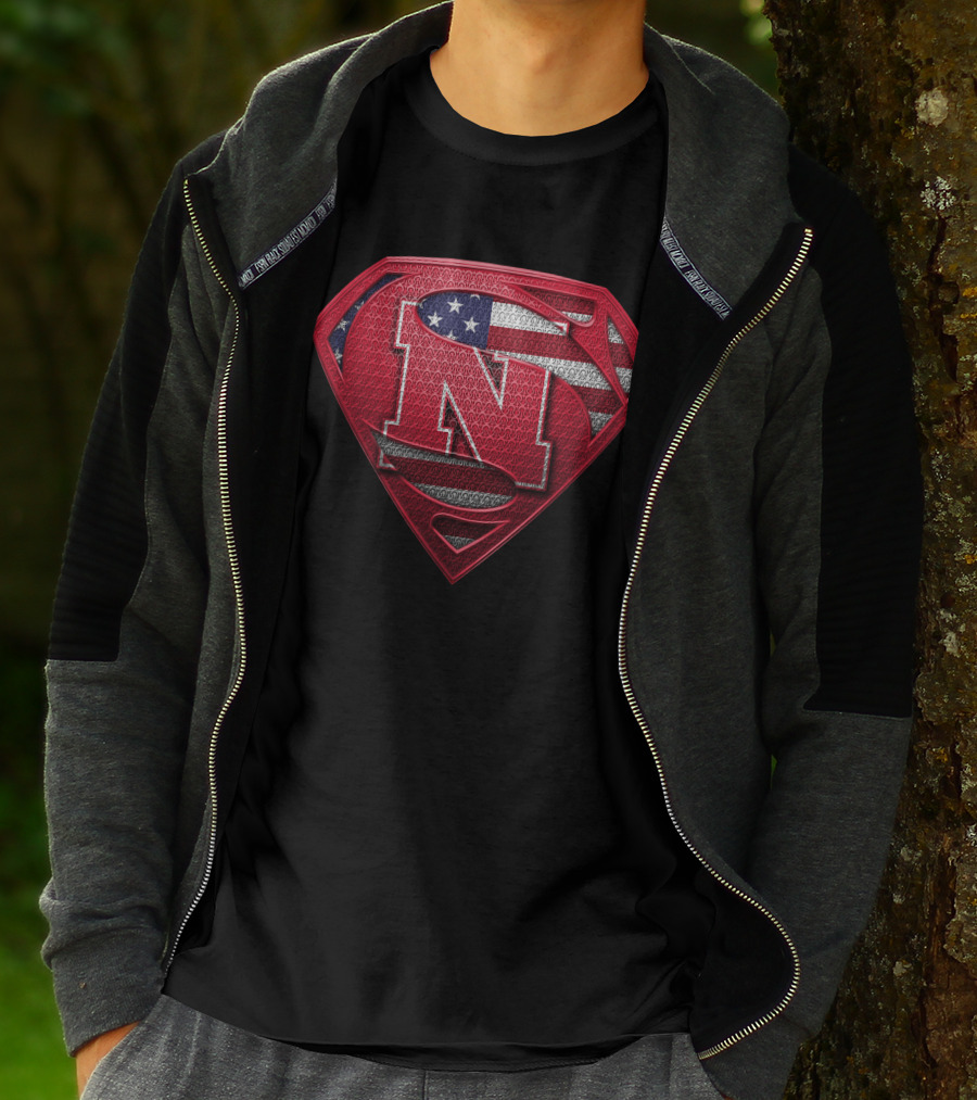 Superman Logo Style Nebraska Cornhuskers With American Flag Theme T-Shirt