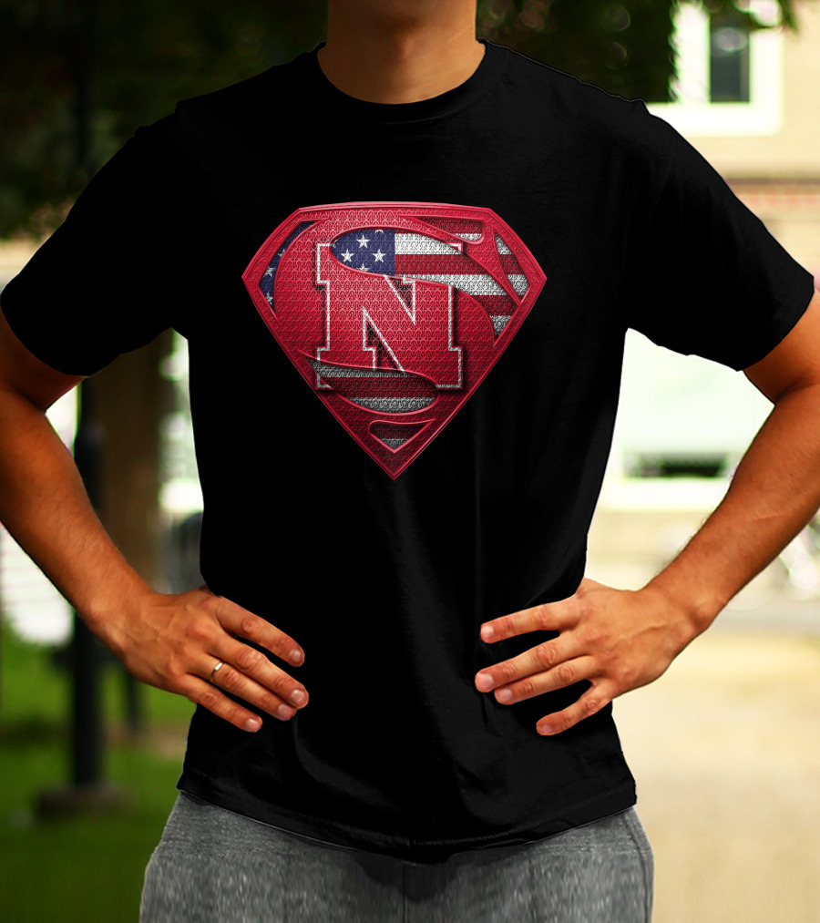 Superman Logo Style Nebraska Cornhuskers With American Flag Theme T-Shirt
