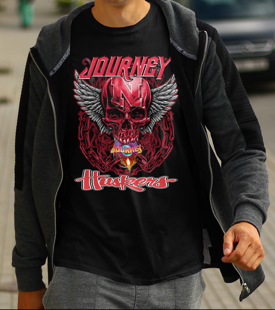 Journey Nebraska Cornhuskers Huskers Skull Winged Flame T-Shirt