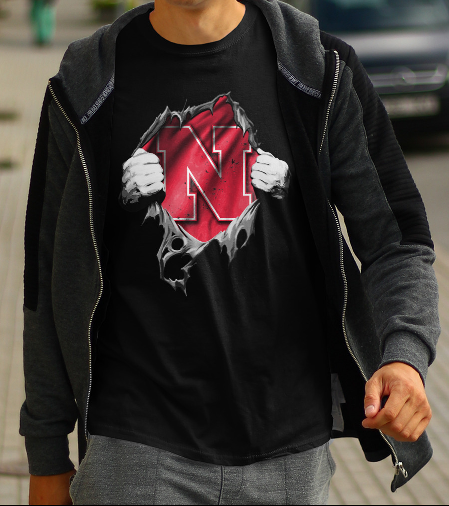 Torn Nebraska Huskers Bold N Emblem Peeking Through Ripped T-Shirt