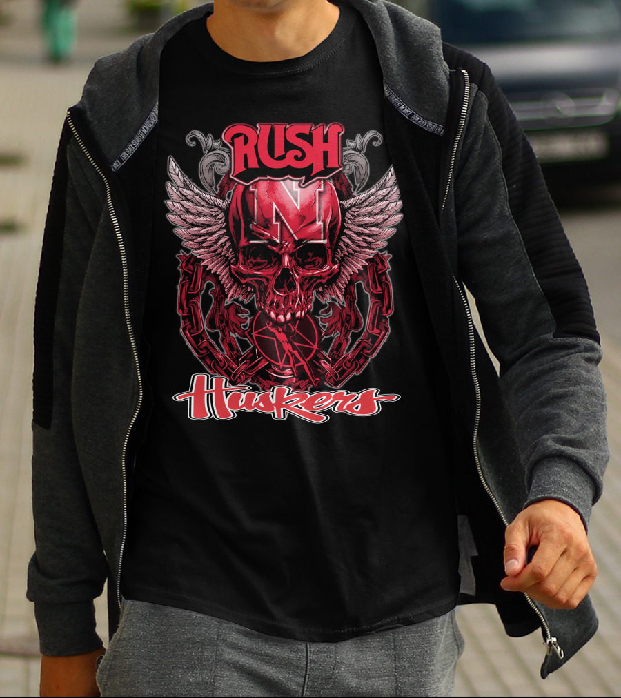 RUSH Nebraska Huskers Winged Skull Chain T-Shirt