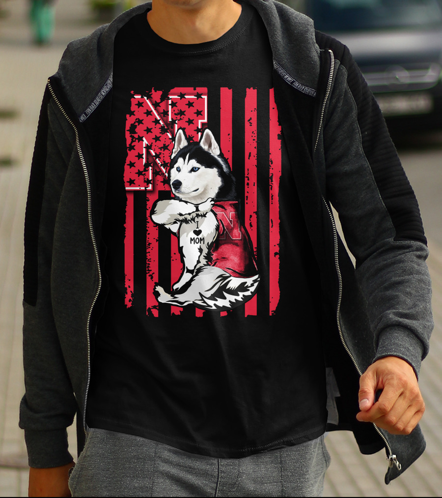 Siberian Husky Nebraska Cornhuskers I Love Mom American Flag T-Shirt
