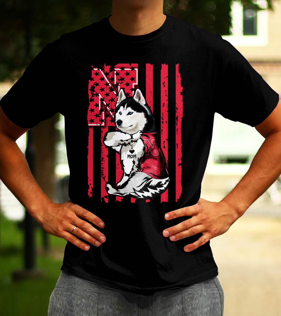 Siberian Husky Nebraska Cornhuskers I Love Mom American Flag T-Shirt