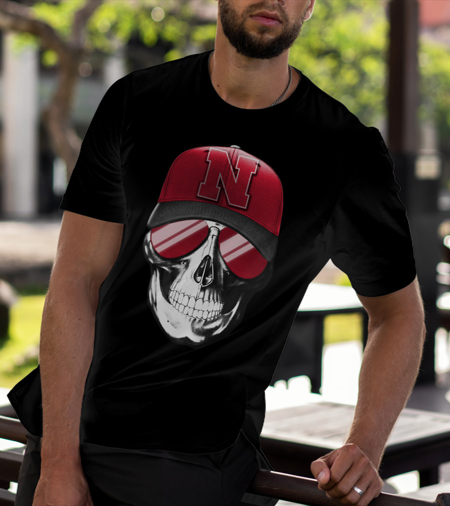 Skull Wearing Nebraska Cornhuskers Red N Cap With Sunglasses T-Shirt