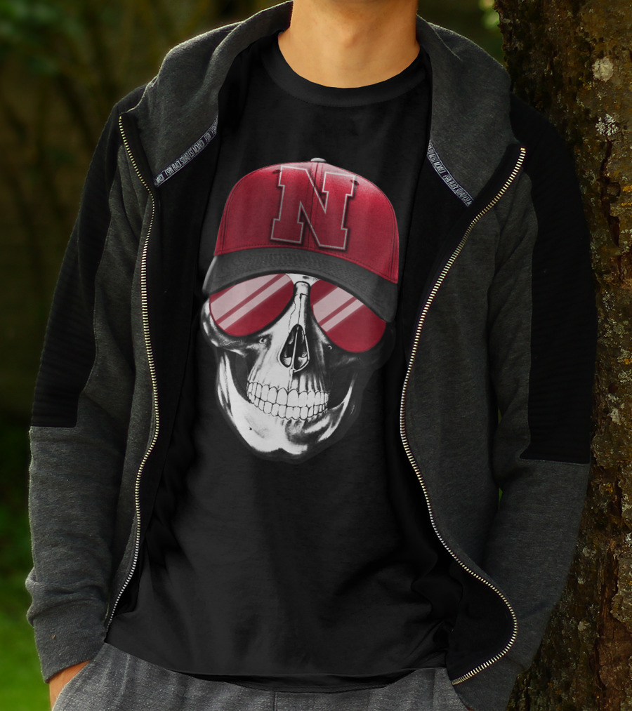 Skull Wearing Nebraska Cornhuskers Red N Cap With Sunglasses T-Shirt