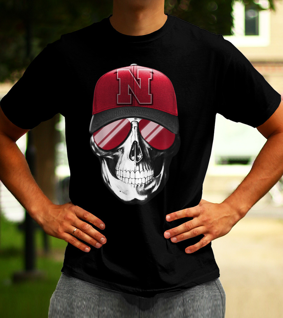 Skull Wearing Nebraska Cornhuskers Red N Cap With Sunglasses T-Shirt