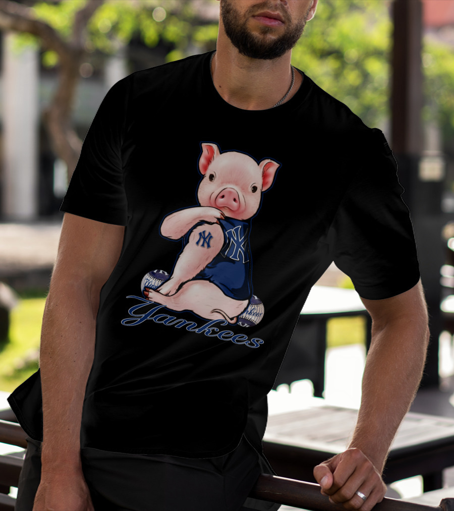 Pig Yankees Baseball Fan With NY Tattoo T-Shirt