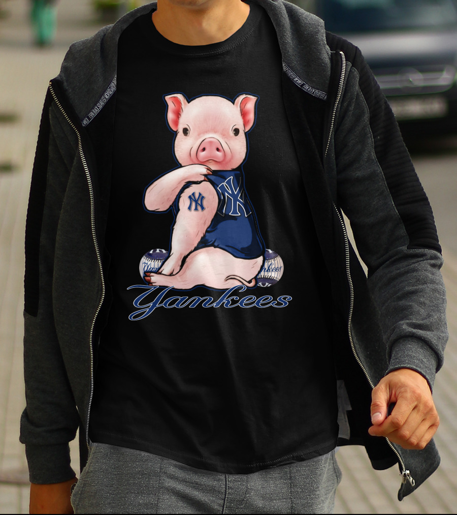 Pig Yankees Baseball Fan With NY Tattoo T-Shirt