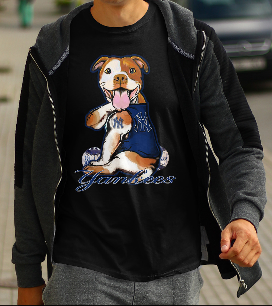 Pittbull Yankees Dog With New York Yankees Baseball Elements T-Shirt