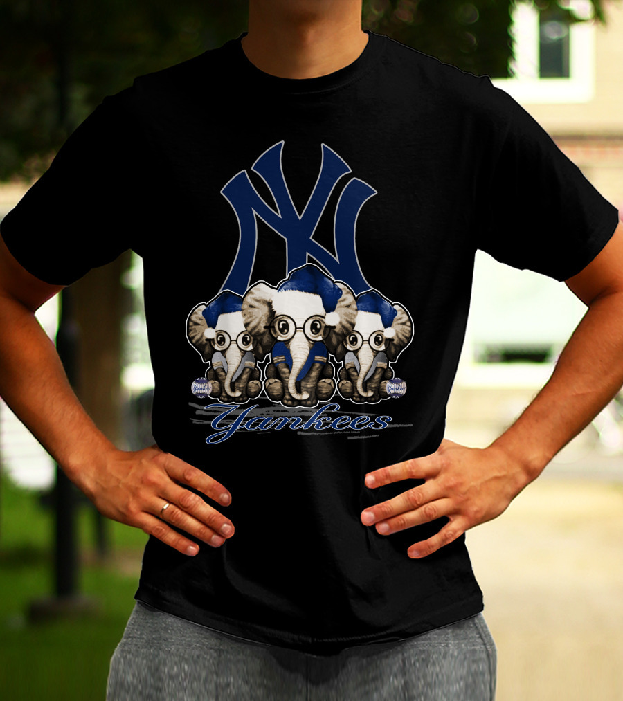 Elephant Xmas New York Yankees Blue Santa Hat Trio T-Shirt