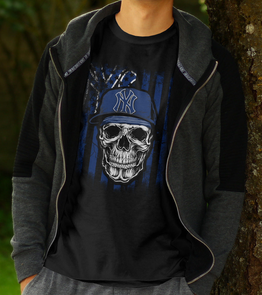 Skull Wearing New York Yankees Cap With Blue T-Shirt
