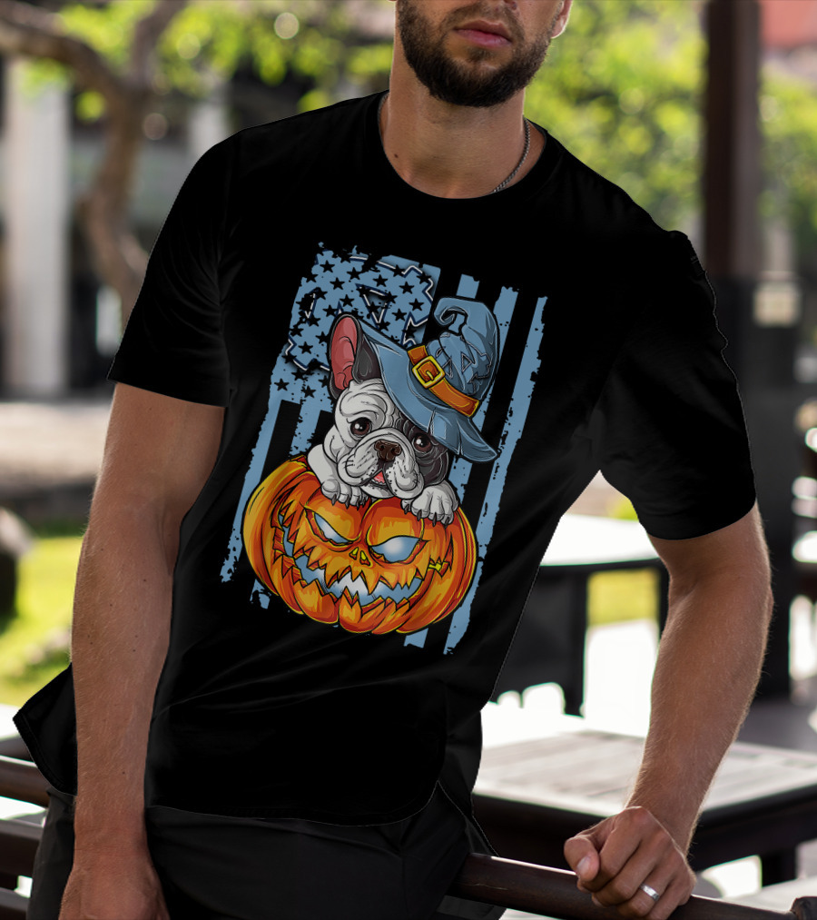 Bulldog With Witch Hat On Jack-o'-Lantern North Carolina Tar Heels Halloween T-Shirt