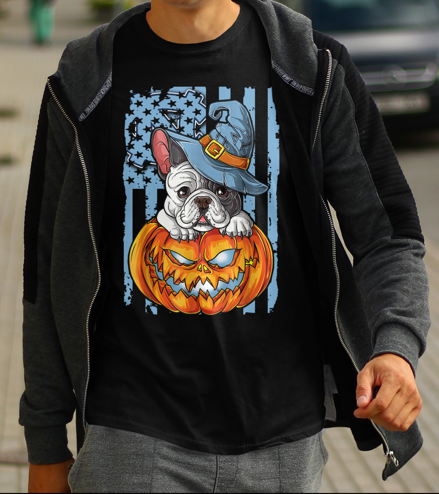 Bulldog With Witch Hat On Jack-o'-Lantern North Carolina Tar Heels Halloween T-Shirt