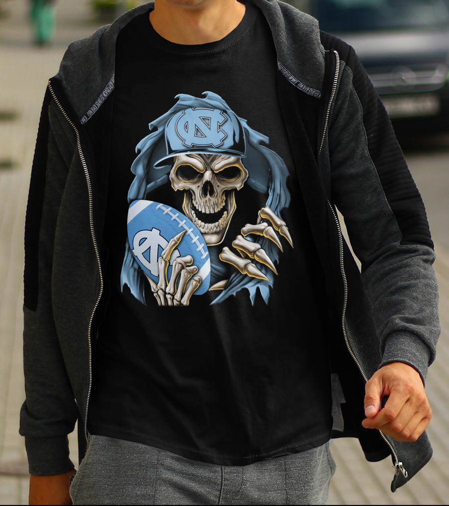 Skullbong North Carolina Tar Heels Skeleton Football Fan With Cap And Ball T-Shirt