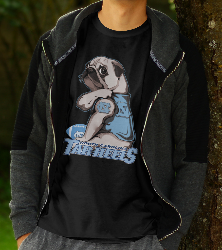 Pug Wearing North Carolina Tar Heels Sports Jersey With Football T-Shirt