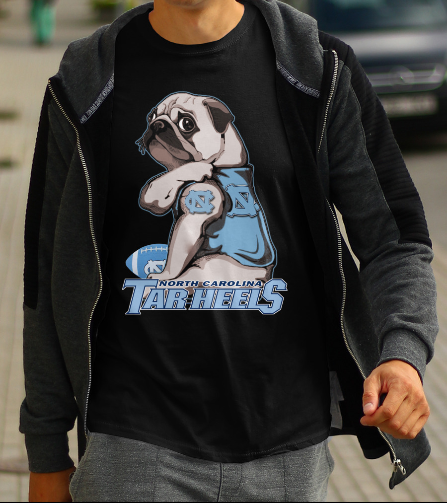 Pug Wearing North Carolina Tar Heels Sports Jersey With Football T-Shirt