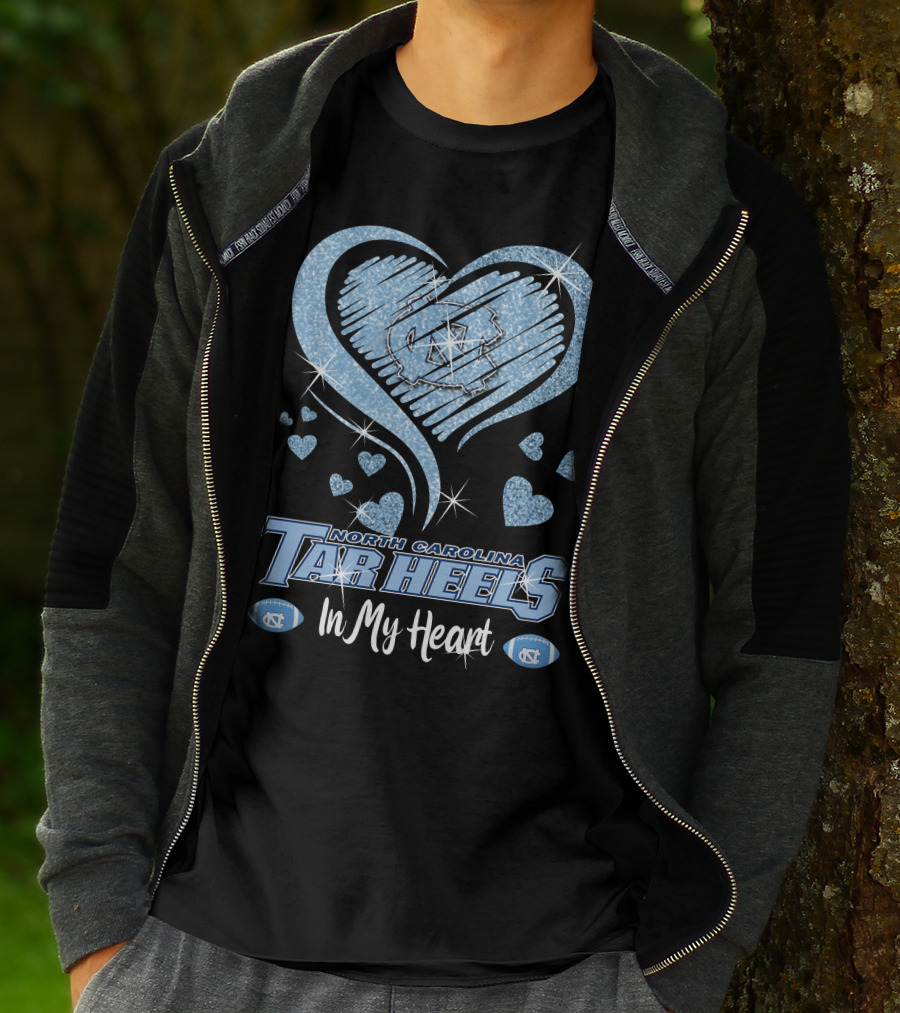 North Carolina Tar Heels In My Heart Sparkling Logo And Footballs T-Shirt
