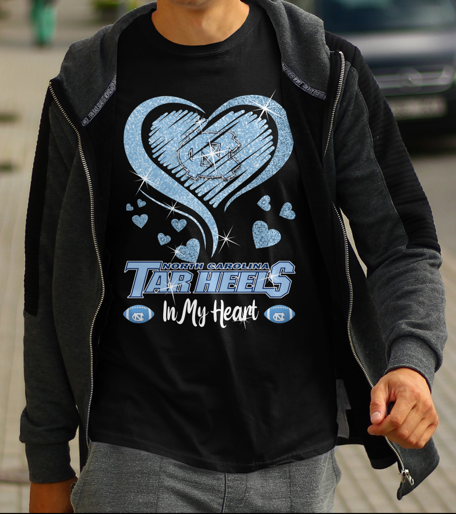 North Carolina Tar Heels In My Heart Sparkling Logo And Footballs T-Shirt