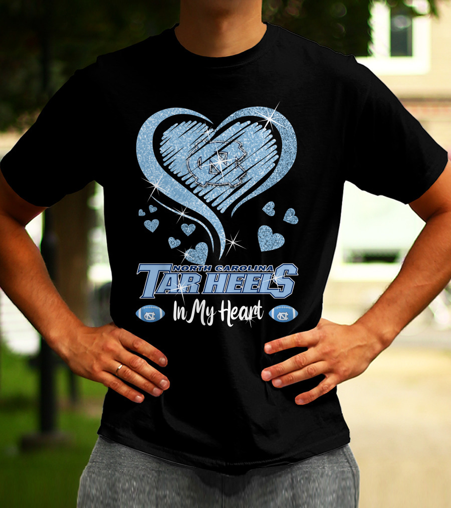 North Carolina Tar Heels In My Heart Sparkling Logo And Footballs T-Shirt