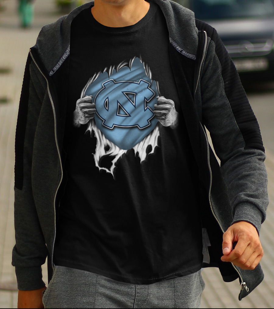 Torn North Carolina Tar Heels Ripped Logo Hands Pulling Apart T-Shirt