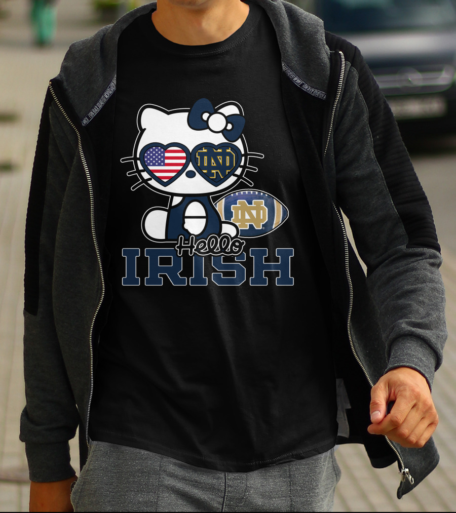 Hello Kitty Notre Dame Fighting Irish Football USA Flag T-Shirt