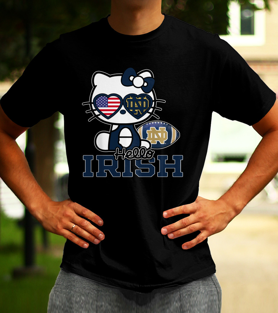 Hello Kitty Notre Dame Fighting Irish Football USA Flag T-Shirt