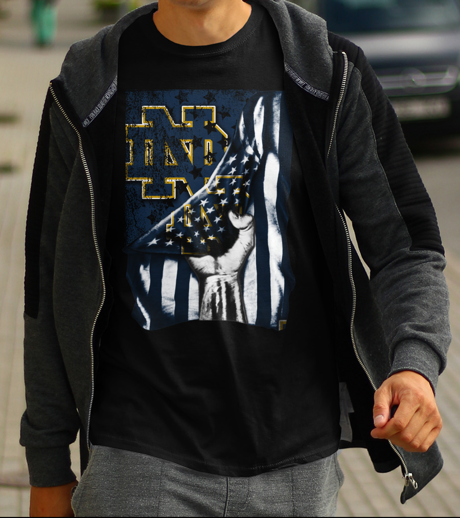 Notre Dame Fighting Irish ND Logo With American Flag Background T-Shirt