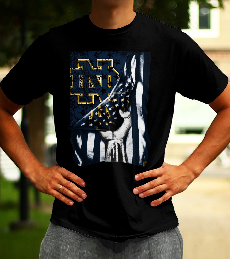 Notre Dame Fighting Irish ND Logo With American Flag Background T-Shirt