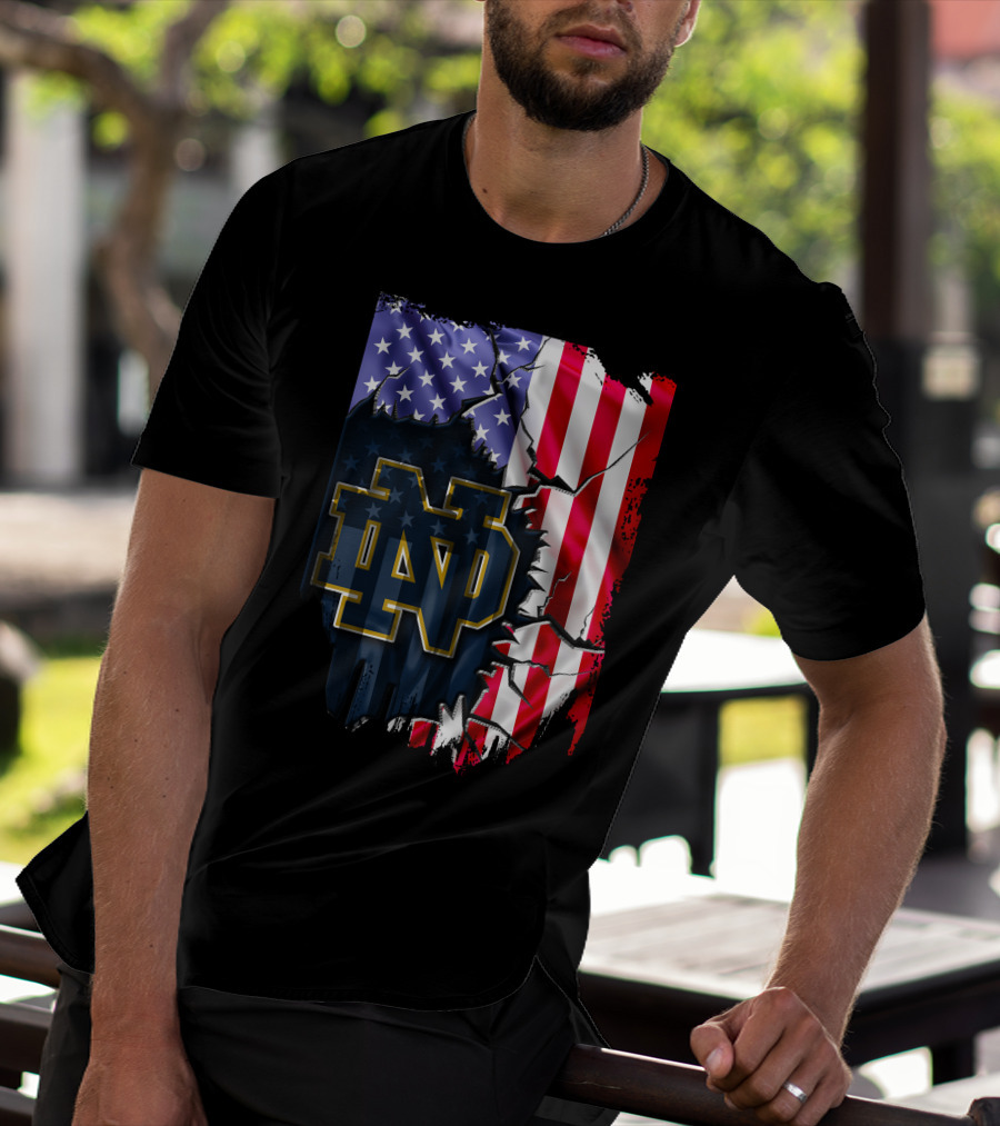 American Flag With Notre Dame ND Monogram Fighting Irish T-Shirt