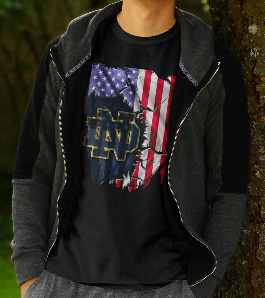 American Flag With Notre Dame ND Monogram Fighting Irish T-Shirt