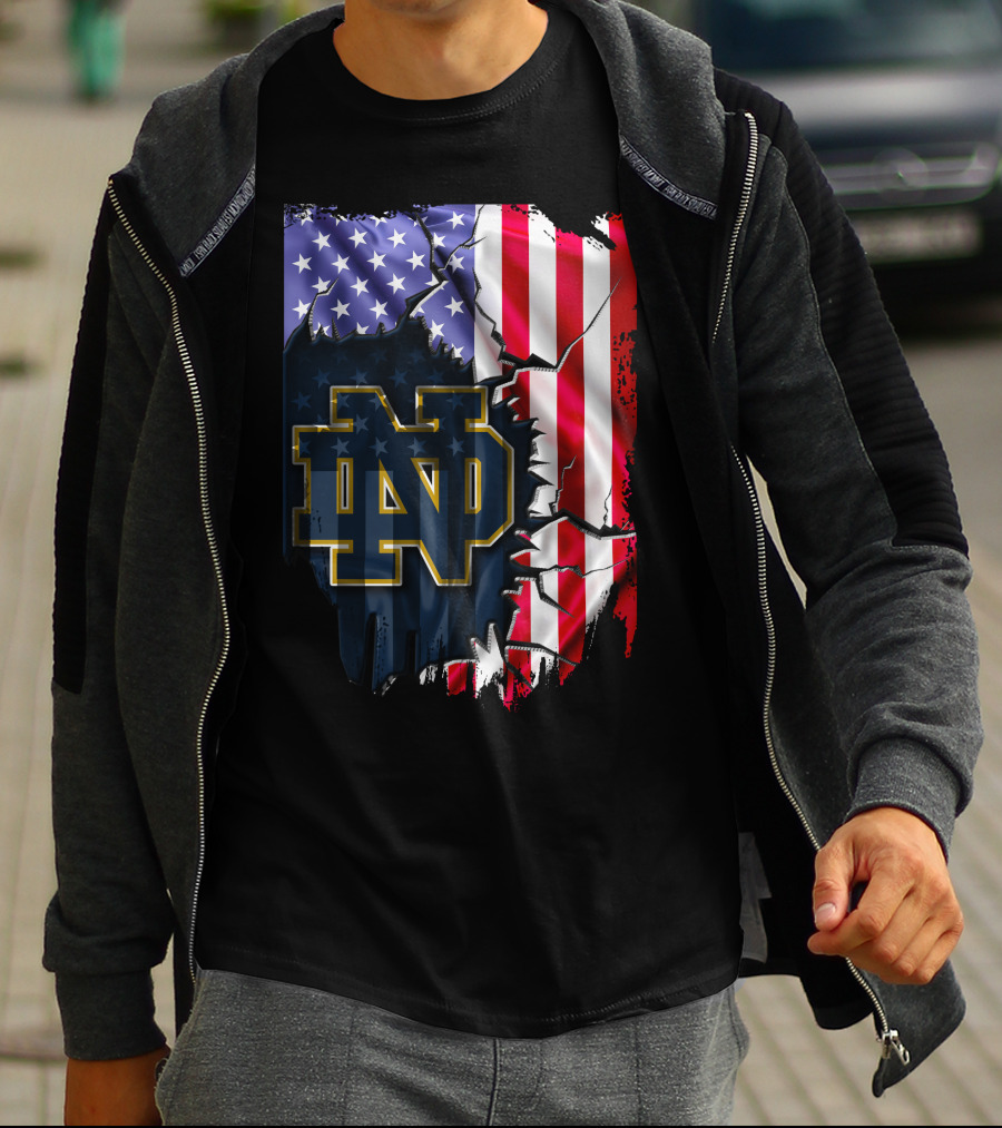 American Flag With Notre Dame ND Monogram Fighting Irish T-Shirt