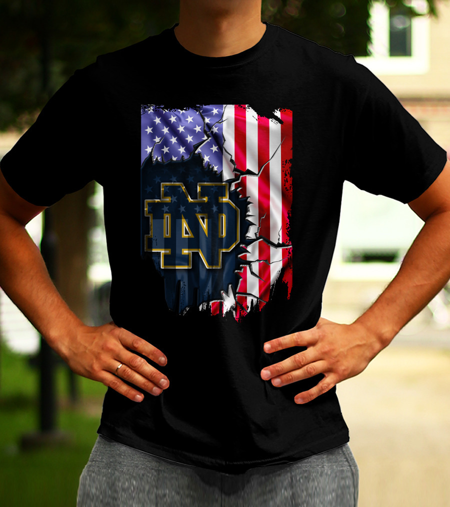 American Flag With Notre Dame ND Monogram Fighting Irish T-Shirt