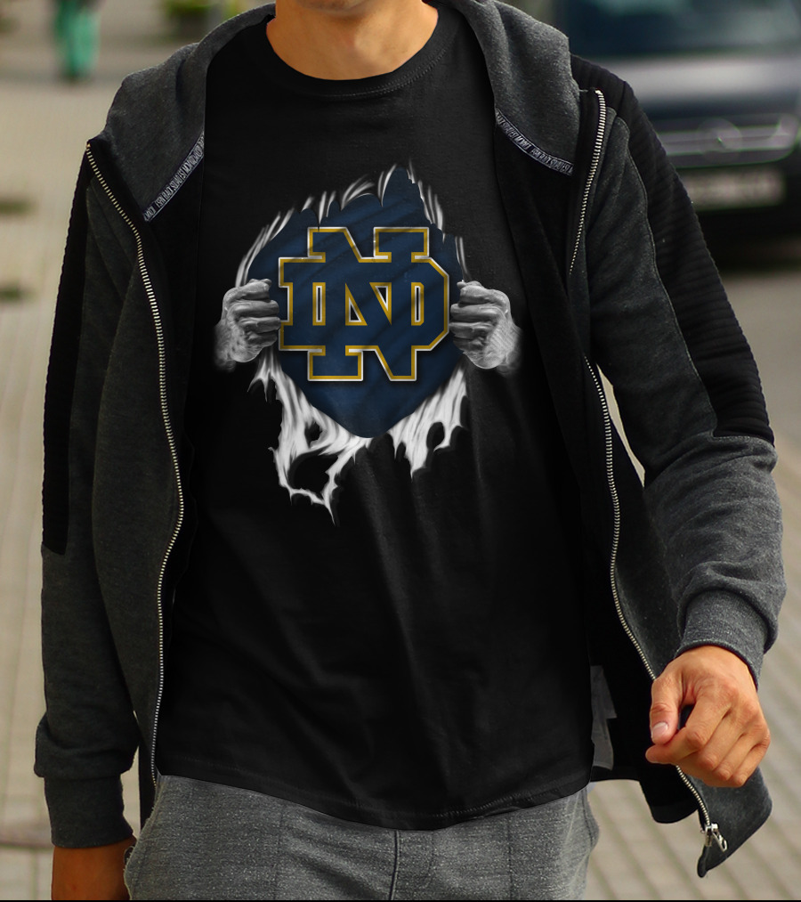 Torn Notre Dame Fighting Irish ND Logo Peeking Through Ripped Fabric With Hands T-Shirt