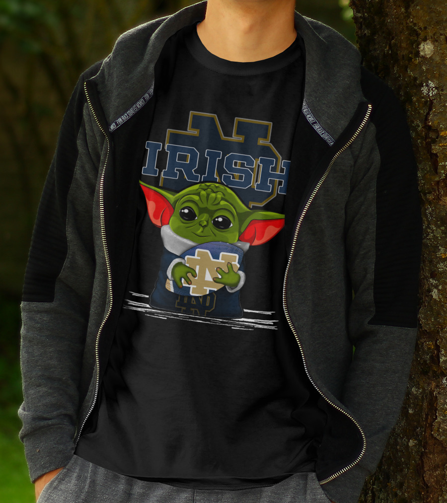 Yoda Notre Dame Irish Baby Holding Notre Dame Football T-Shirt