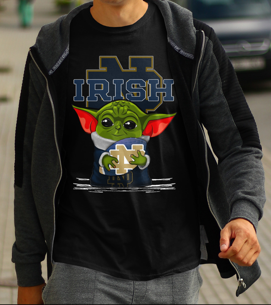 Yoda Notre Dame Irish Baby Holding Notre Dame Football T-Shirt