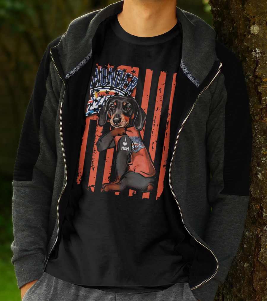 Dachshund Wearing Oklahoma City Thunder Shirt With I Love Mom Tag T-Shirt