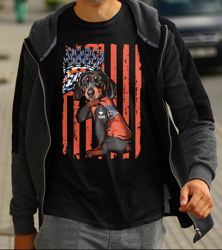 Dachshund Wearing Oklahoma City Thunder Shirt With I Love Mom Tag T-Shirt
