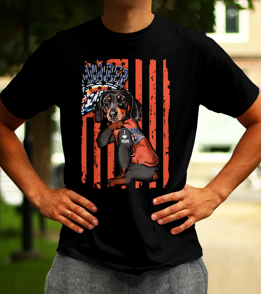 Dachshund Wearing Oklahoma City Thunder Shirt With I Love Mom Tag T-Shirt