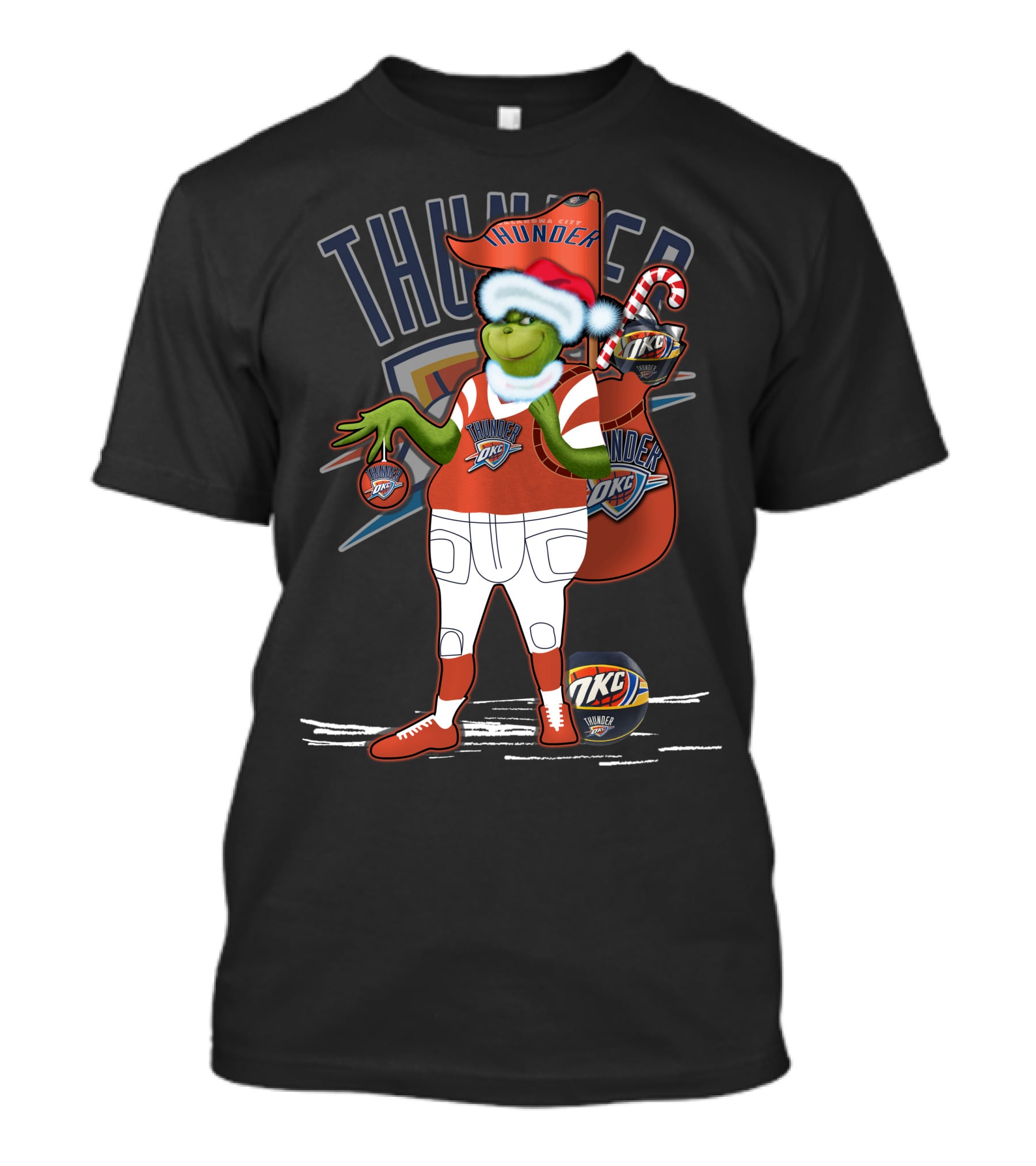 Grinchxmas Oklahoma City Thunder Holiday Basketball Character With Candy Cane And Santa Hat T-Shirt
