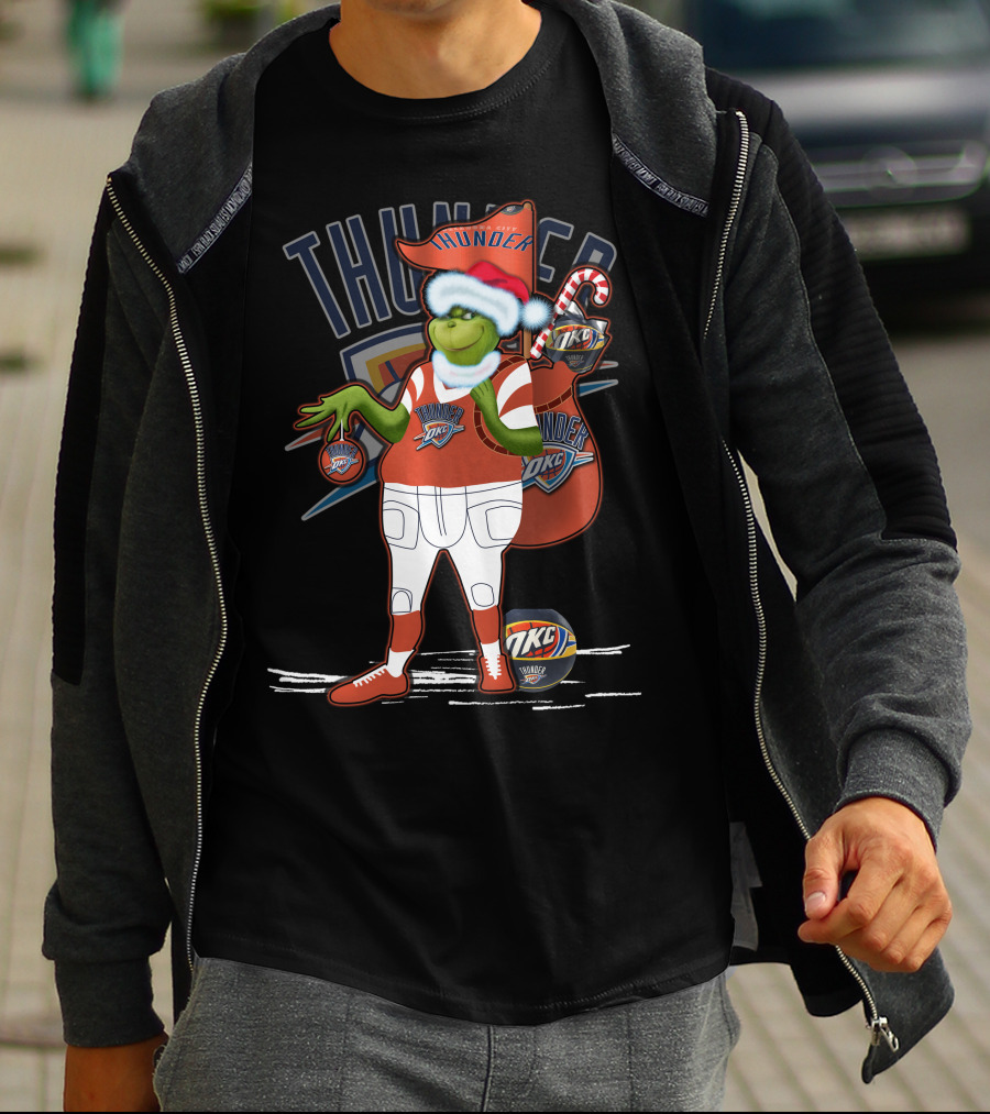 Grinchxmas Oklahoma City Thunder Holiday Basketball Character With Candy Cane And Santa Hat T-Shirt