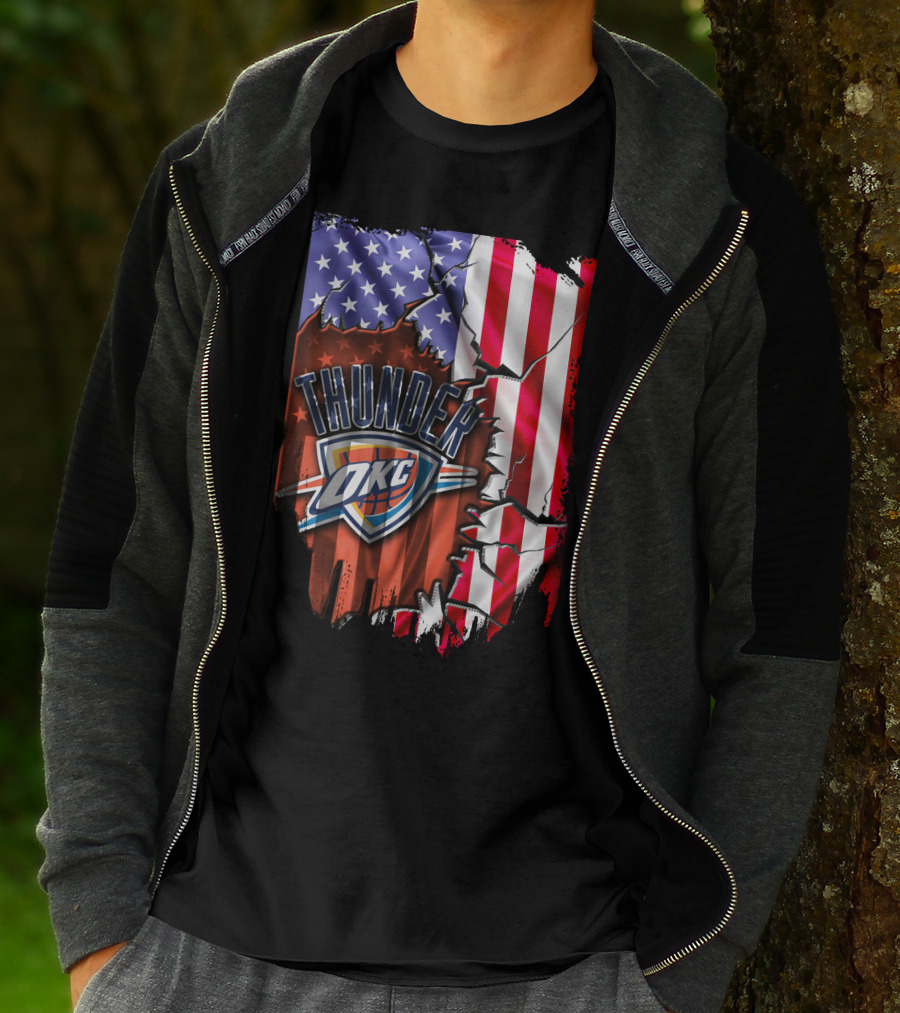 USA Flag Rip With Oklahoma City Thunder OKC Basketball T-Shirt