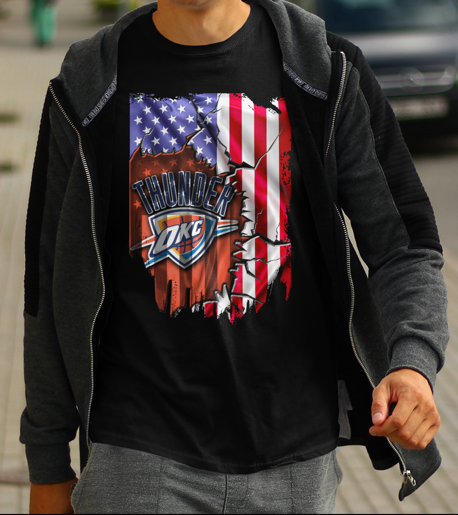 USA Flag Rip With Oklahoma City Thunder OKC Basketball T-Shirt