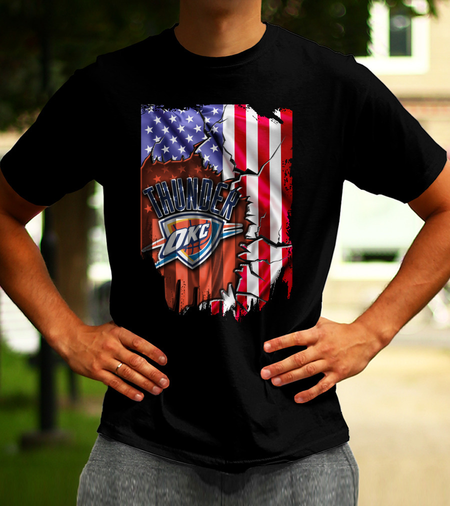 USA Flag Rip With Oklahoma City Thunder OKC Basketball T-Shirt