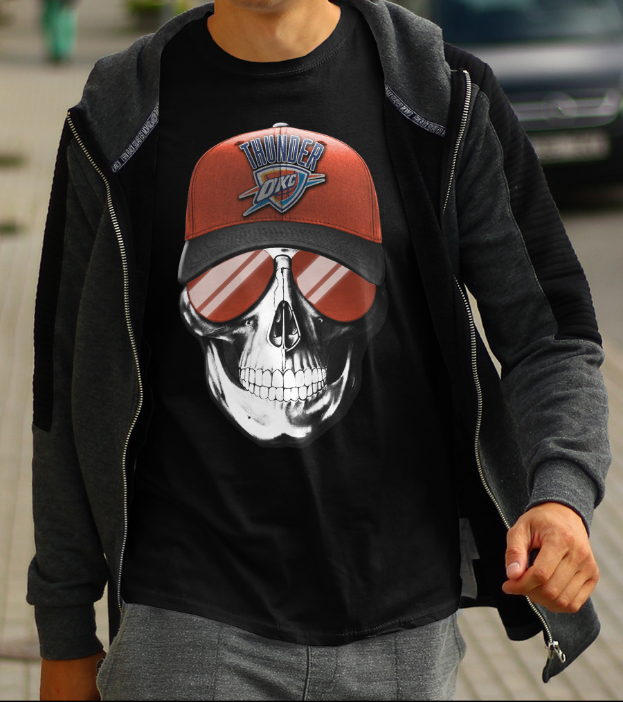 Skull With Oklahoma City Thunder Cap And Sunglasses T-Shirt